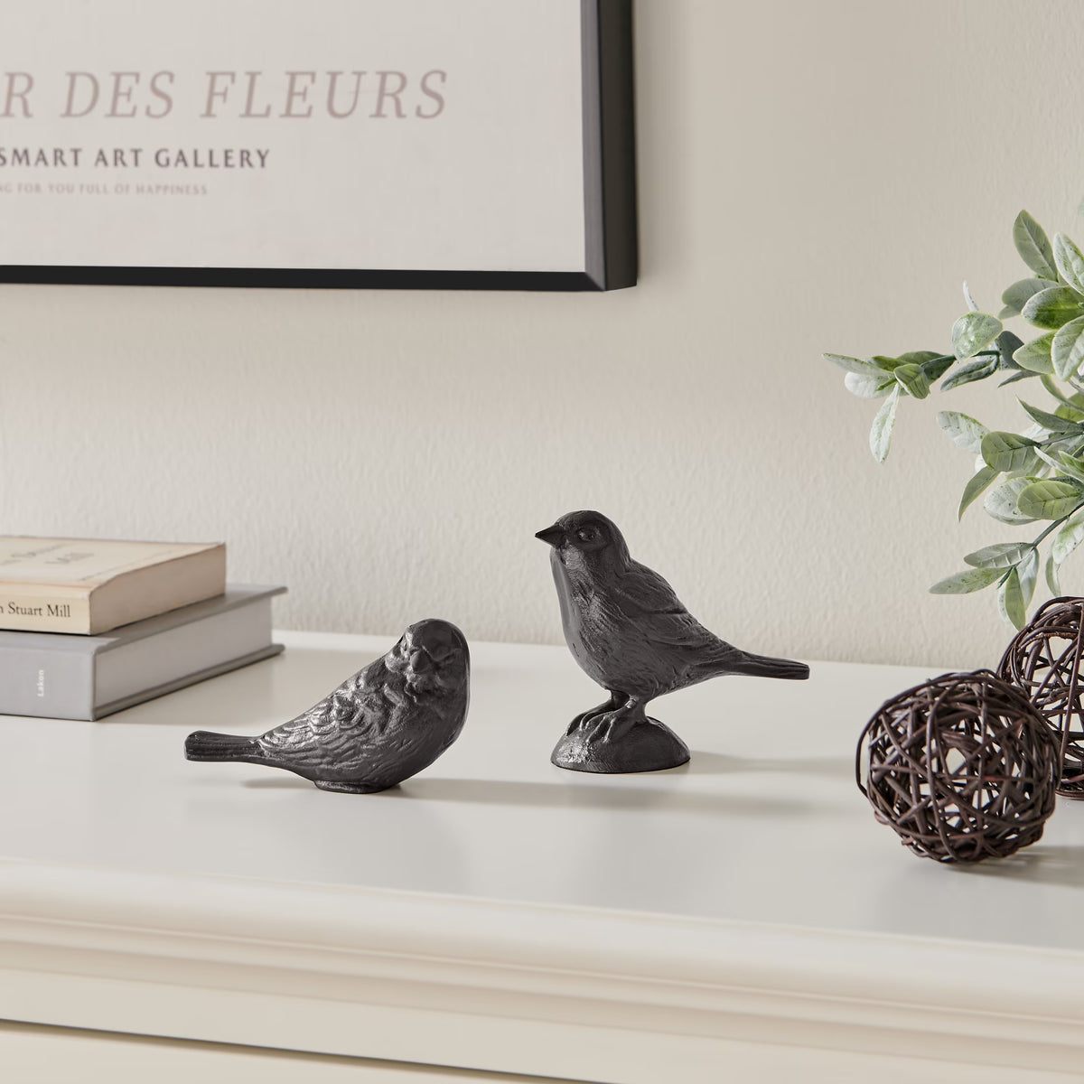 Brown Cast Iron Set of 2 Bird Sculptures - Tabletop Desk Ornaments or Decorative Paperweights